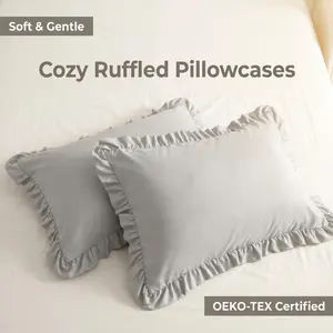 [Memorial Day Sale]NTBAY 2-Piece Ruffle Trim Cotton Pillowcases - 2-Inch Graceful Ruffled Cotton Pillow Covers, Soft & Breathable Decorative Pillow Cases with Envelope Closure