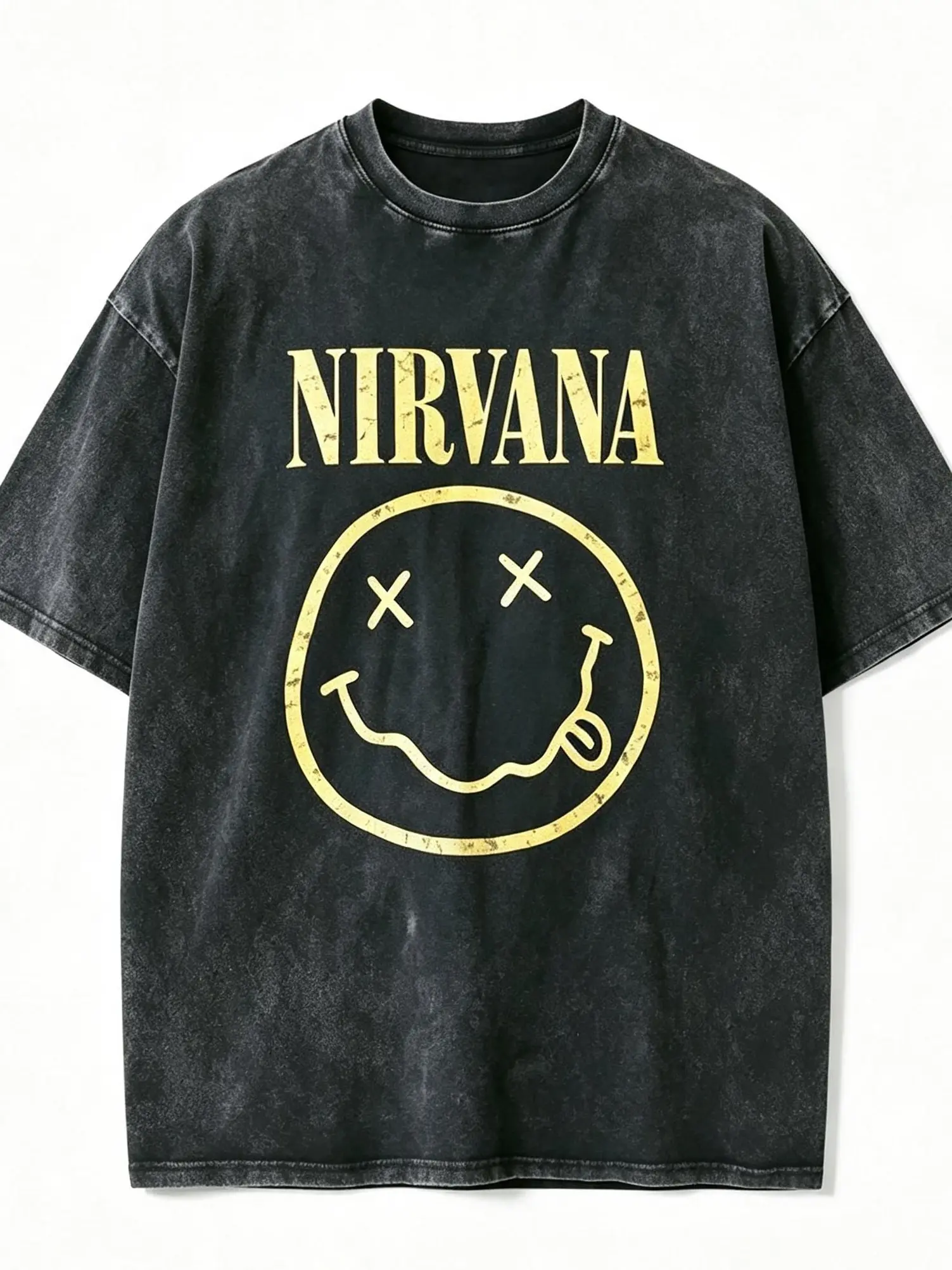 Retro Nirvana Classic X-Eye Smile Pattern Rock Large Washed T-shirt