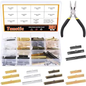 301Pcs 5 Colors 3 Sizes Ribbon Ends with Needle Nose Pliers, Crimps Cord End, Bracelet Pinch Crimp Ends, Bookmark Leather Fastener Clasps, Cord Clamp Ends Leather Crimp Ends for Jewelry Making