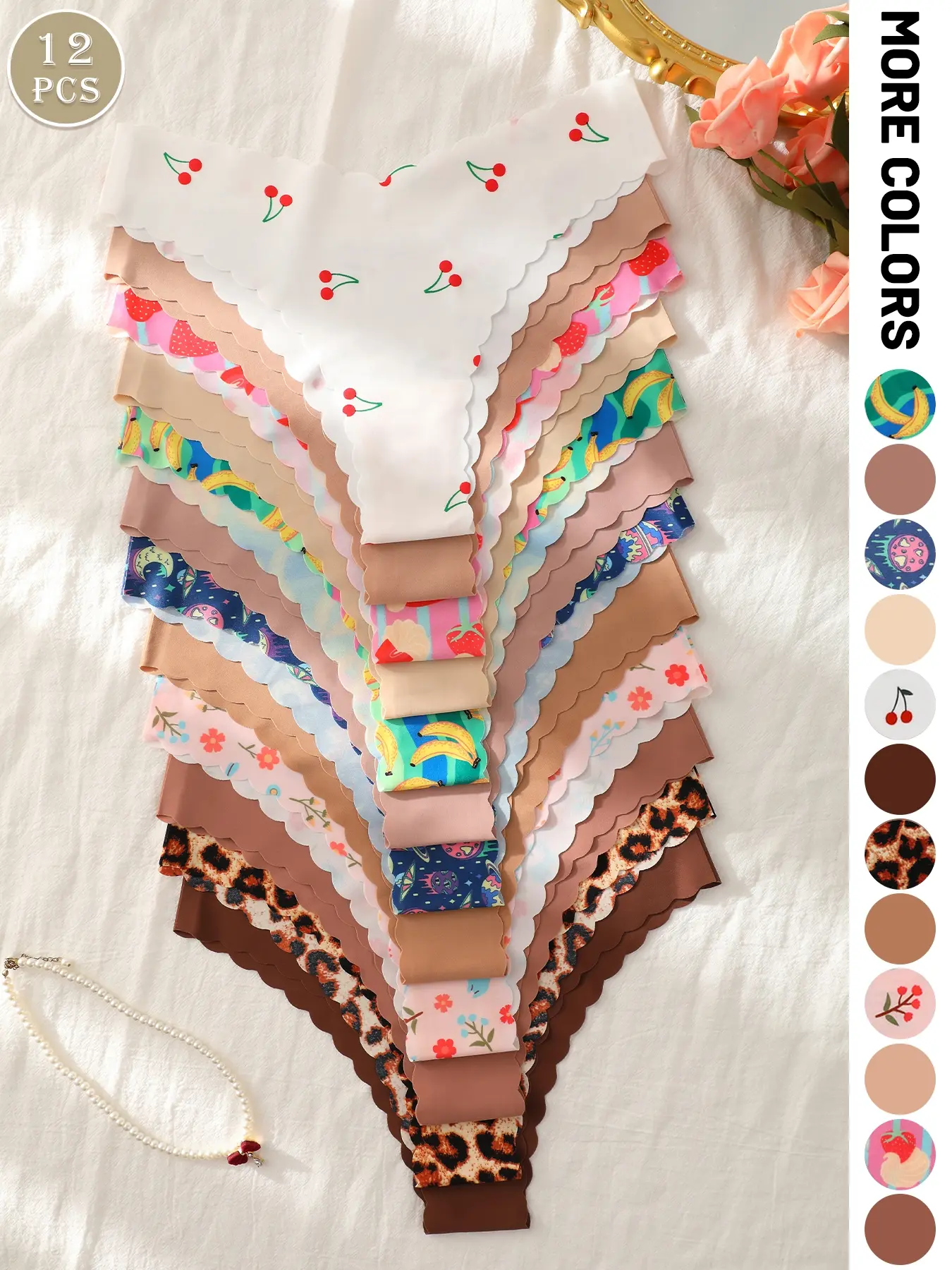 6/12 Pcs Women's Wave Edge Seamless Shell Trim Slim Fit Triangle Briefs, Multiple Prints Colors, All Season Daily Wear, Fashion Panties
