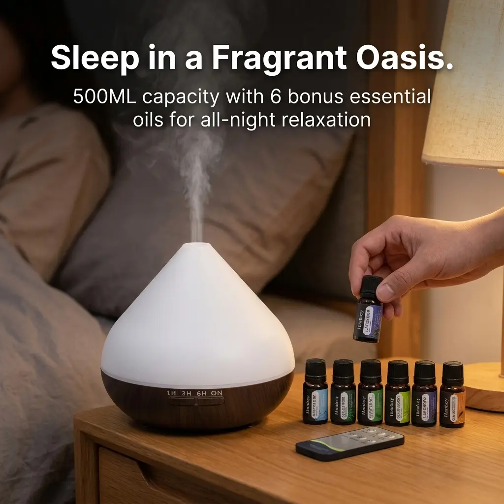 HONSUN Compact Wood Grain 500ML Ultrasonic Volcano Diffuser Humidifier - Remote-Operated Aroma Scent Diffuser with 7 Color Lights, Timing Setting, Portable USB, Auto-Off Protection, 6 Essential Oil Bottles for Bedroom, Office