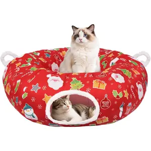 Tunnel Christmas Tree Skirt, Cute  Tunnel Bed Under Christmas Tree with Washable Mat, Dangling Balls, Circle Pet Donut Tube Bed for Kitten Puppy , Cats Xmas  Gifts