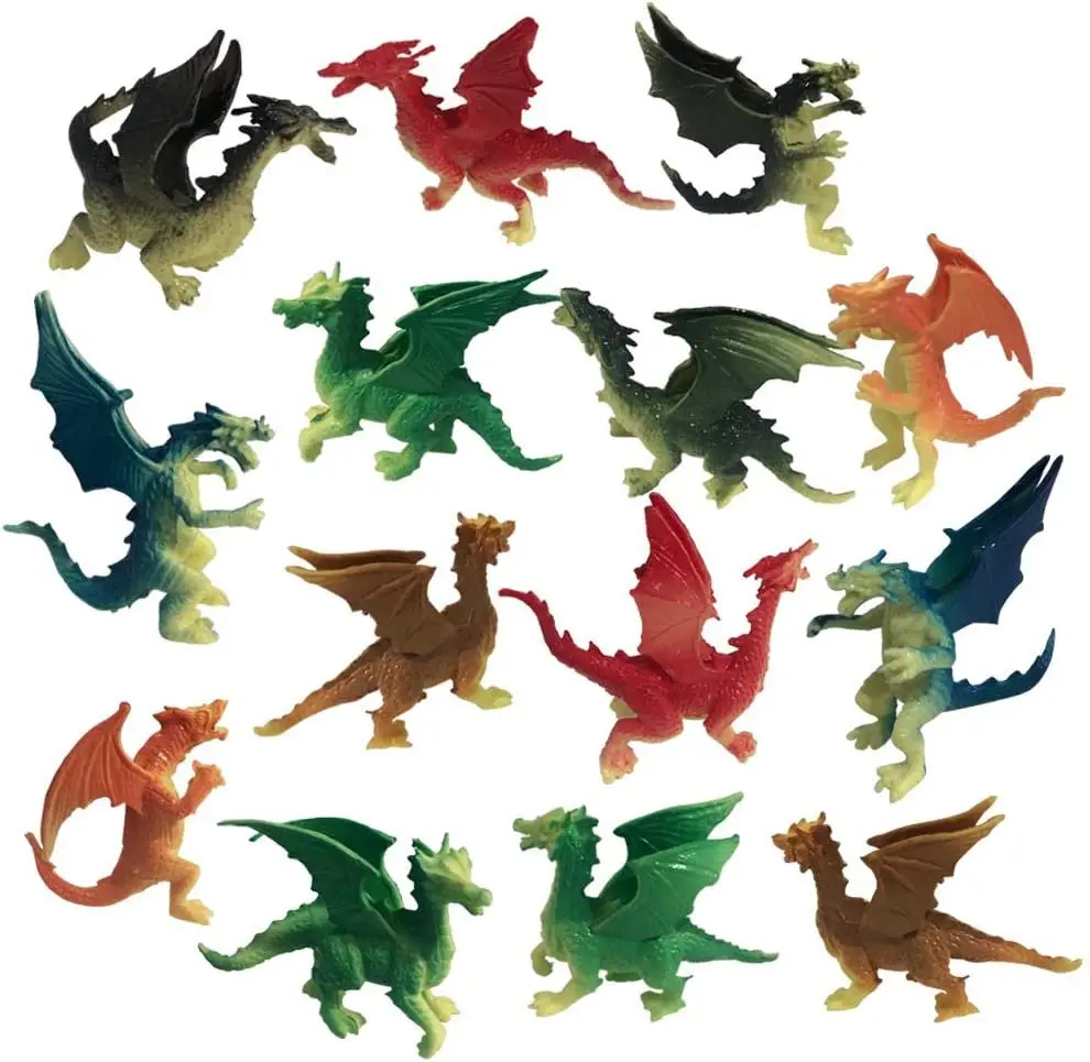Fun Plastic Mini Dragon Figurines - 24-Pack Assorted Colors, Kids 3+ Boys and Girls Toys, Home Supplies Decoration, Birthday Party Favors, Cake & Cupcake Toppers, 2" Size