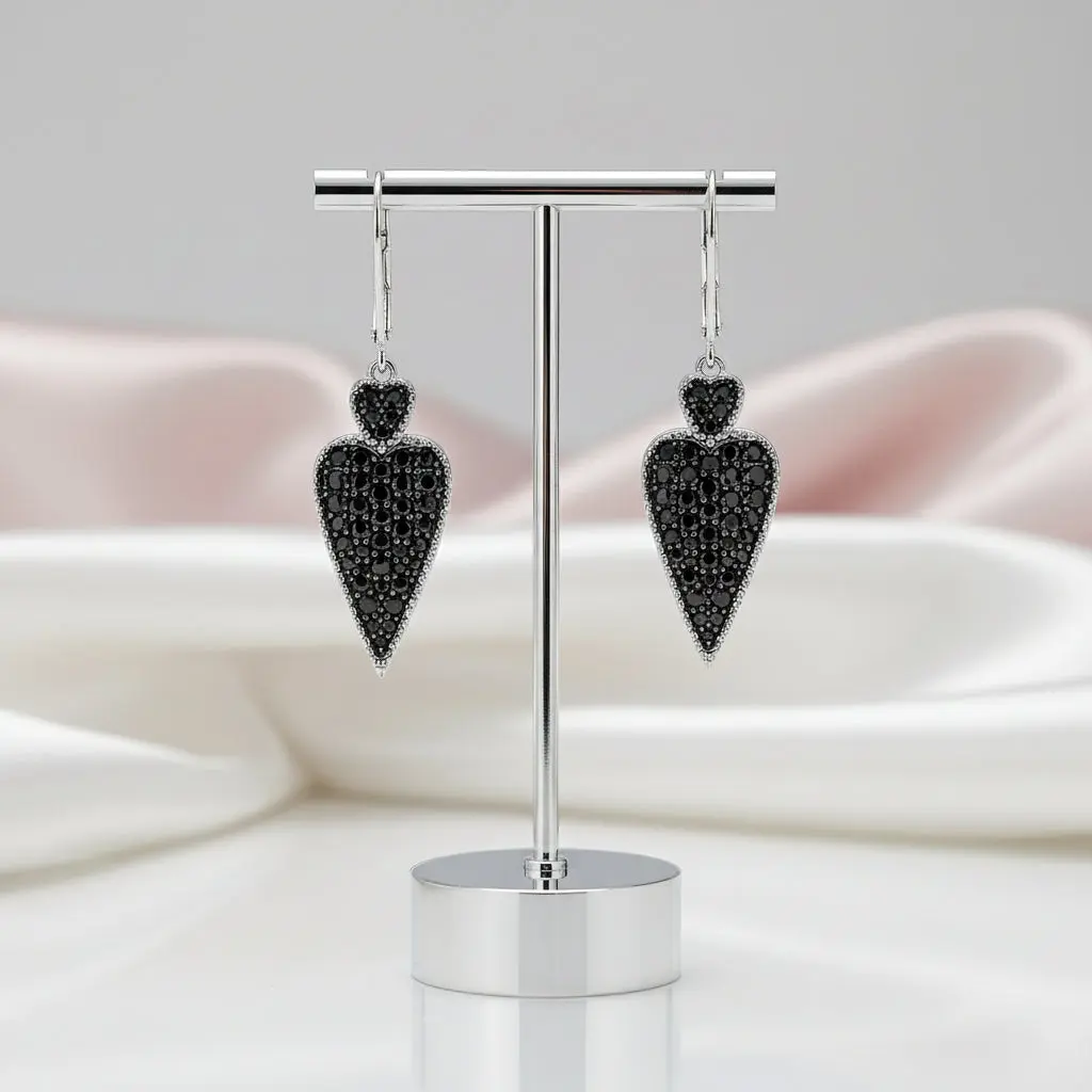 Double Heart 2.50 Ct Black Spinel Drop Earrings