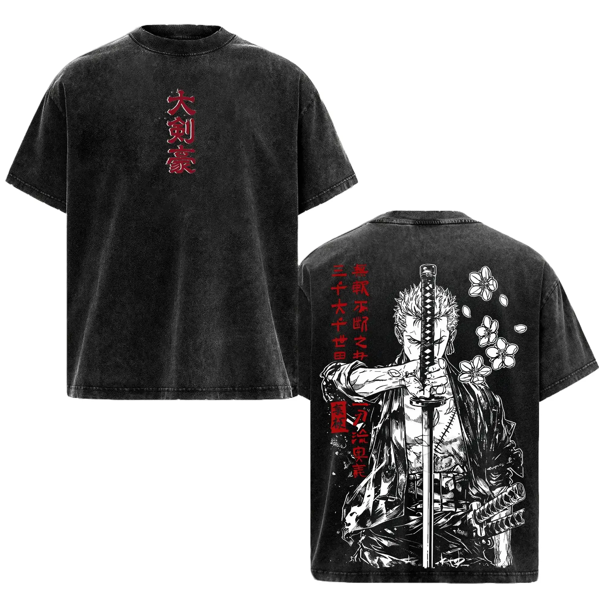 Men's Short-Sleeve Soft Roronoa Zoro Vintage Washed Graphic Tee, Menswear Unisex Streetwear, 1 Piece Anime 3-Sword Style Shirt, Gift for Anime Lovers