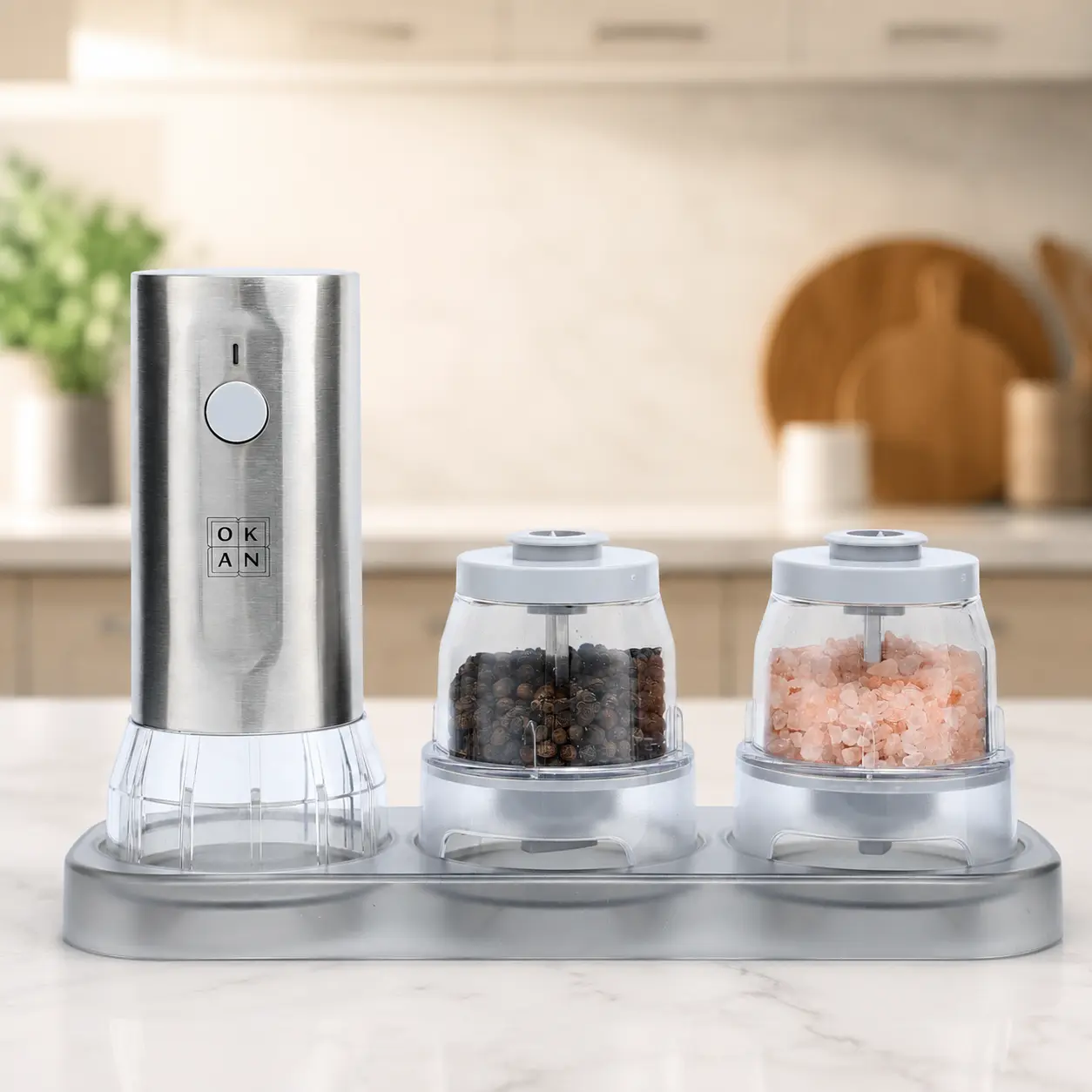 Stylish USB Rechargeable Electric Salt and Pepper Seasoning Grinder Set with Charging Cable, 1-Hand Push Button Operation, Adjustable Burr, Stainless Steel Build, 3.4oz Large Capacity Containers, LED Light Kitchen Gadgets