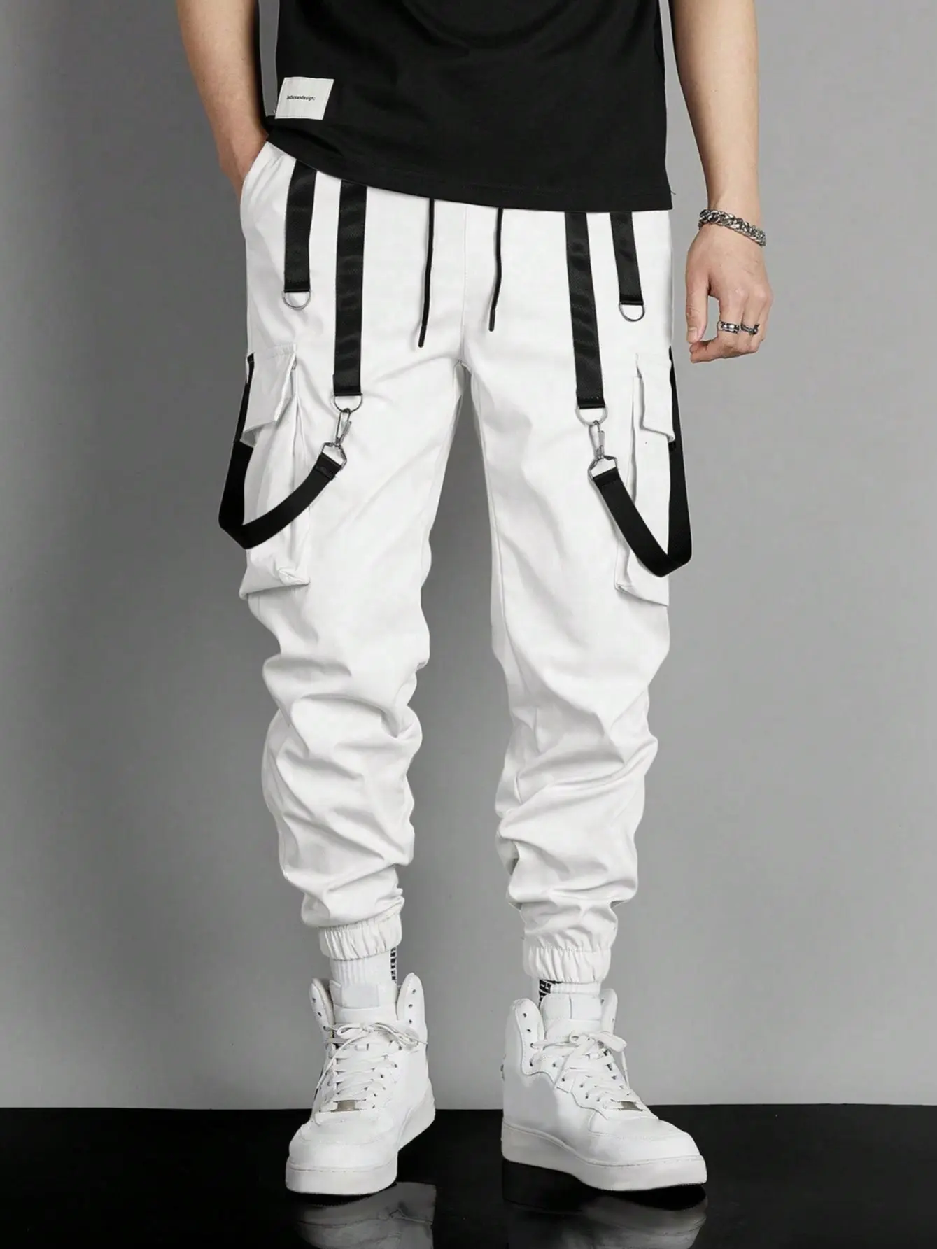 Men’s White Techwear Cargo Joggers - Monochromatic, Relaxed, Uncuffed, Alt-Fashion, Loose-Fitted Menswear Pants with Black Straps, Utility Pockets for Edgy Streetwear, Monochromatic Men's Pants, Relaxed Men's Pants