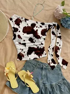 Sexy Style Polka Dot Print Knot Neck Asymmetrical Shoulder T-Shirt Top, Unique Design, Perfect for Casual Wear
