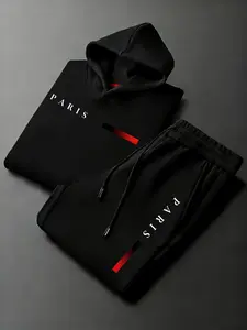 Men's Paris letter printed hoodie and drawstring sweatpants set
