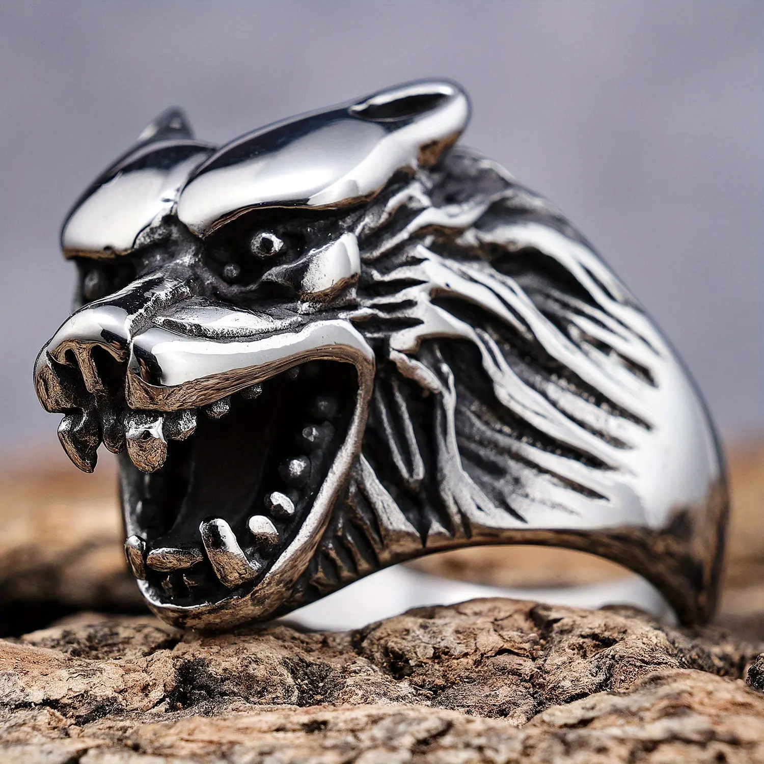 Exaggerated Domineering Wolf Head Men's Stainless Steel Adjustable Ring, Punk Style Ring - Punk Hip-Hop Party, Wedding Fashion Accessory, Adjustable Rings