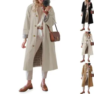 Womens Long Trench Coat Single Breasted Oversized Windproof Overcoat Fashion Outerwear