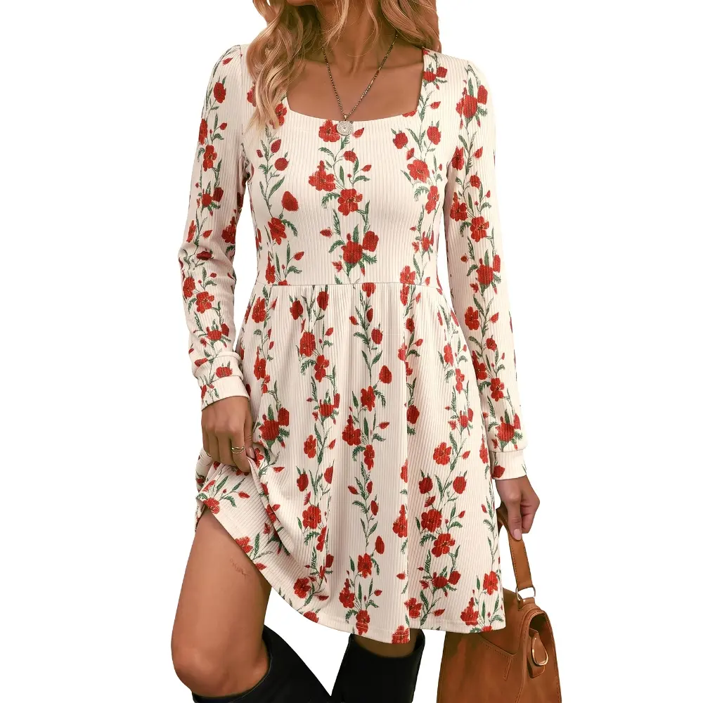 Dokotoo Womens Boho Floral Dress 2026 Long Sleeve Empire Waist Dress Flowy Mini Bohemian Casual Dresses