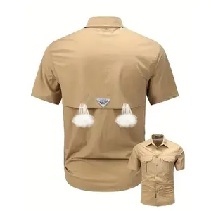 Breathable Stretch Nylon 92% Spandex 8% Blend Short Sleeve Shirt - Men'S Summer Casual Cargo, Lapel Collar, Single Breasted, Solid Color, Big-tall Fit, with Flap Pockets, Outdoor Activities - 120g/m² Woven Fabric Menswear