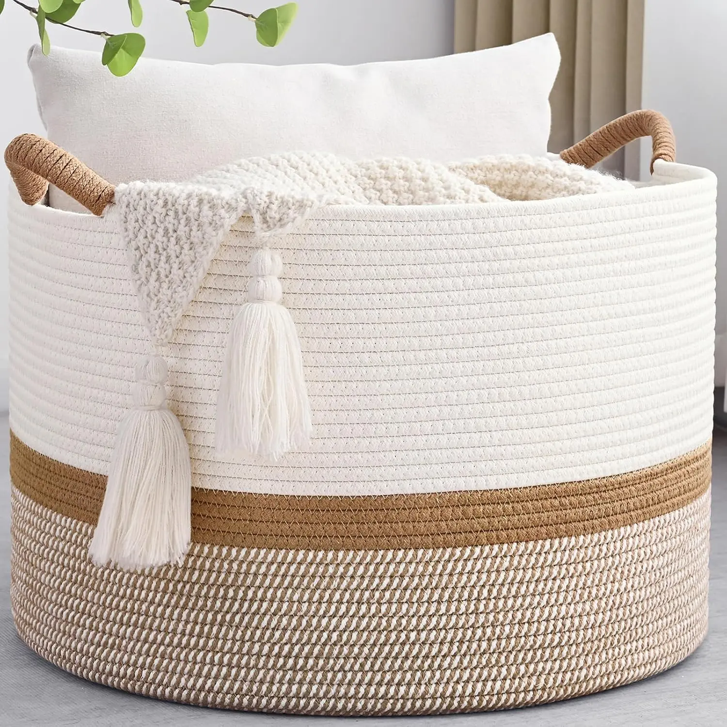 67L Large Blanket Basket, 20"x13" Woven Storage Baskets With Handle, Cotton Rope Blanket Basket Living Room, Baby Laundry hamper for Blanket, Nursery, Toy, Pillow (White & Brown) Boho Jute Foldable