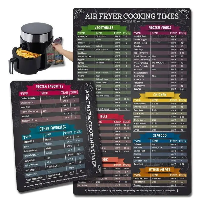 Magnetic Air Fryer Cooking Time Table, 2pcs/set Air Fryer Magnetic Sticker, Kitchen Refrigerator Magnet, Magnetic Cooking Guide for Air Fryer, Refrigerator, Fridge, Home Kitchen Decoration, Fridge Magnets, Magnet Stickers