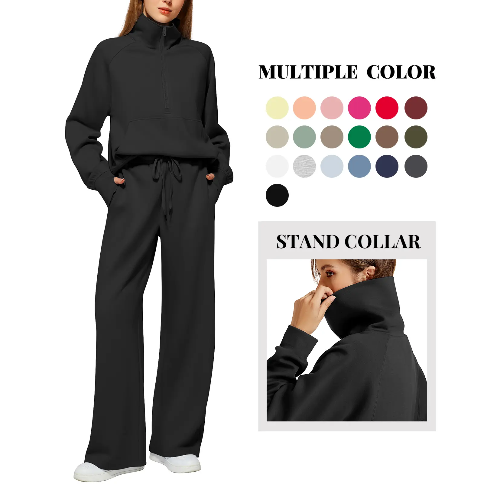 Casly Lamiit Women's 2-Piece Casual Sports Set - 2026 Oversized Half-Zip Stand Collar Long Sleeve Sweatshirt, Wide Leg Fitted Sweatpants, Silky Comfortable Fabric, Chic All-Match Basic Style, Fitness & Outdoor Casual Set