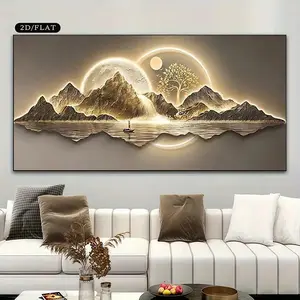 Wooden Framed Canvas Painting Wall ArtWall decor Large decorative painting living room wall art canvas painting, modern minimalist mountain landscape canvas printing Moon, tree and ship decorative painting, neutral luxury art decoration Wrapped in canvas