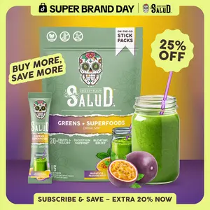 Salud 2-in-1 [Greens + Superfoods – Passion Fruit] Daily Greens Drink Mix, Agua Fresca, Gut Health & Bloating Support, Probiotics & Prebiotics, Vegan, Non-GMO, Easy-to-Drink Greens Powder (15 Servings)