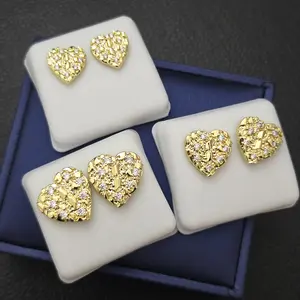 MaxBling81 14K Gold-Finished Brass Base Heart Nugget Earrings, Iced Simulated Diamond Studs Earrings, Unisex Fashion Jewelry (12mm/14mm/16mm)