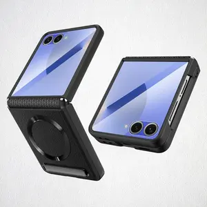 Fin Magnetic Wireless Charging Kickstand Phone Case for Samsung Galaxy Z Flip7 FE Flip 7 6 5 Hinge Protect Glass Film Leather Cover