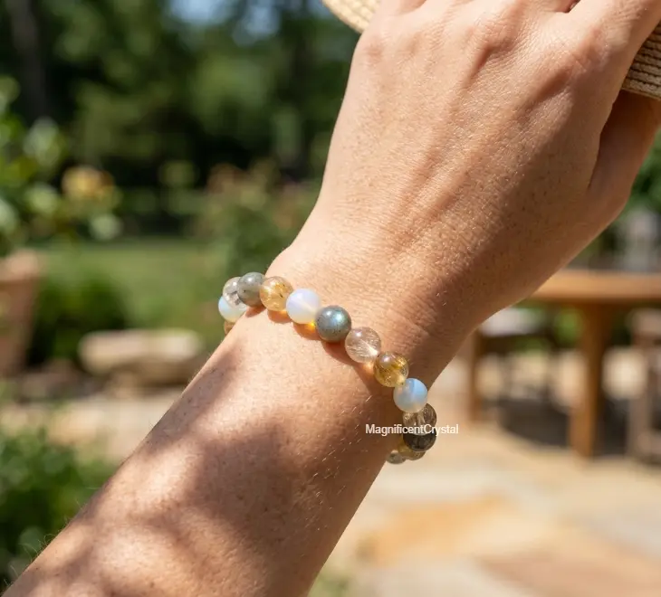 Women's 8MM Natural Stone Selenite Citrine Labradorite Bracelet - Beading Stretch Fit Healing Crystal Jewelry, 6.5-8 Inches Female Casual Minimalist Everyday Wear for Prosperity, Earthy Neutrals
