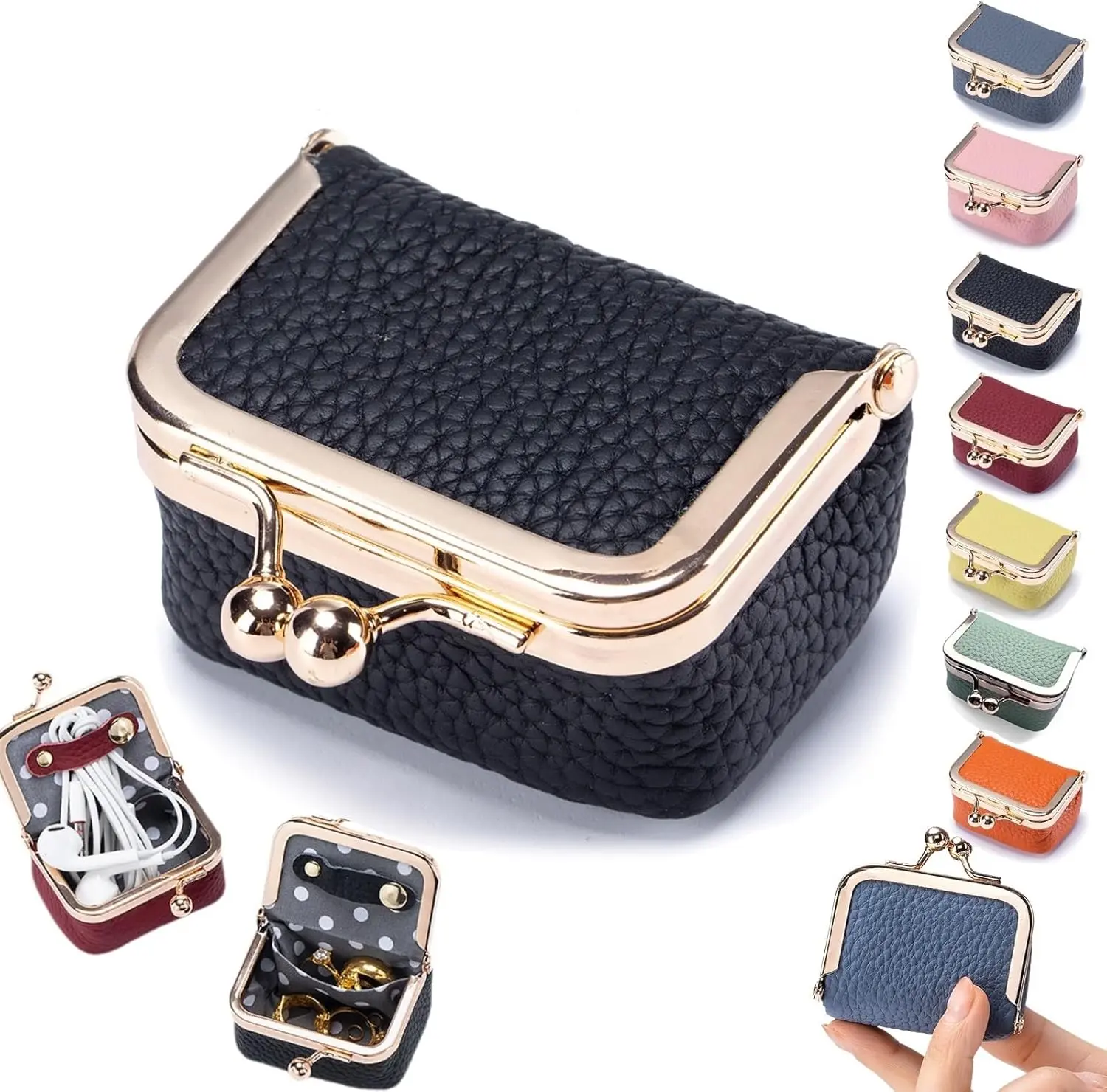 Genuine Leather Mini Jewelry Box, Portable Vintage-Inspired Genuine Leather Coin Purse Jewelry Case with Kiss Lock, Mini Travel Ring Box for Women for Earring/Ring/Necklace/Bracelet(Black)