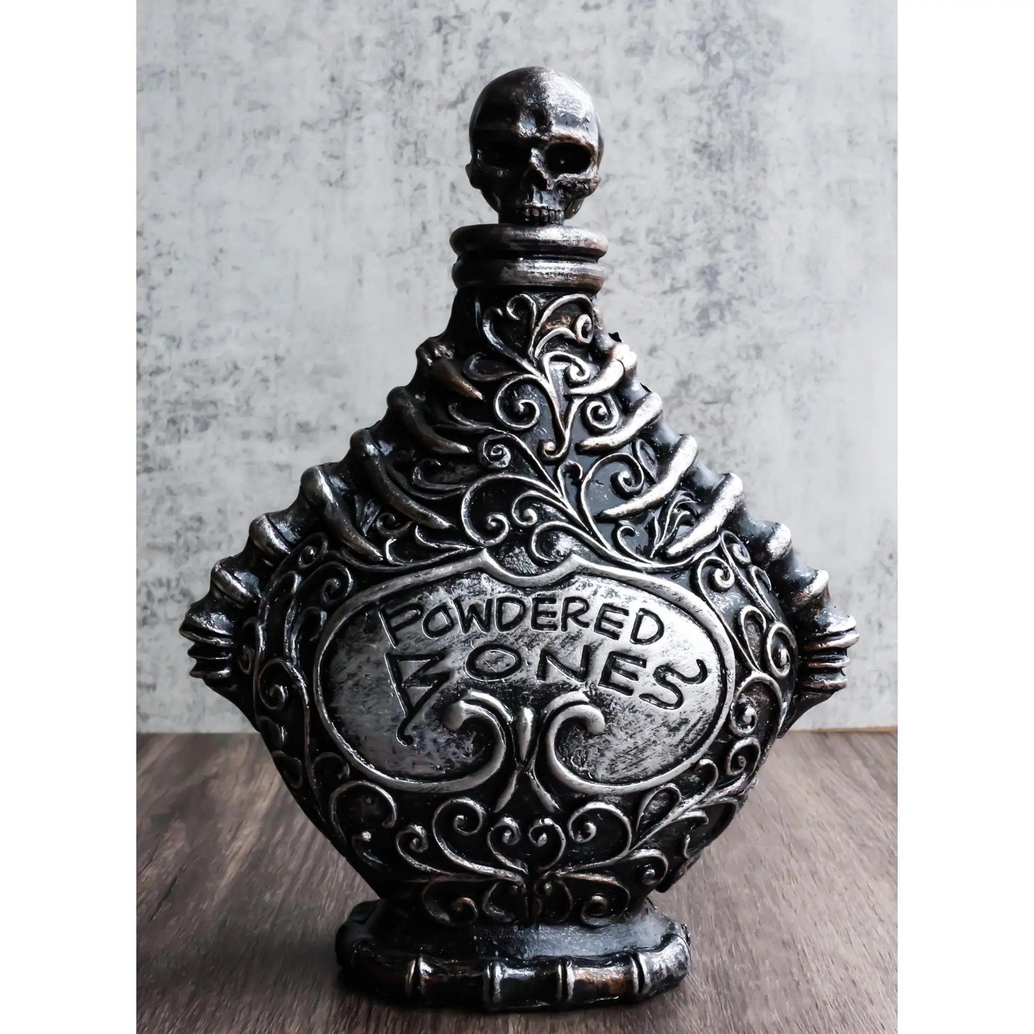 Ceramic Witchcraft Mad Doctor Skeleton Spine Powdered Bones Skull Potion Bottle
