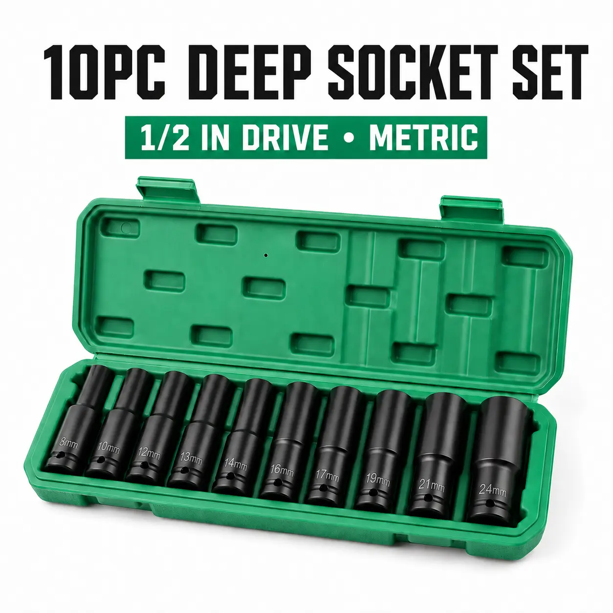 1/2 Drive Metric Impact Socket Set, 10-Piece Heavy-Duty Mechanics Tool Kit (8-24mm), Green Case for Auto Repair, Household Maintenance Garage Essentials