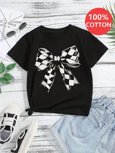 Girls T Shirts Black And White Checkered Bow Print 100% Cotton Short Sleeve T-shirt with Unique Graphics and Durable Fabric for All Seasons