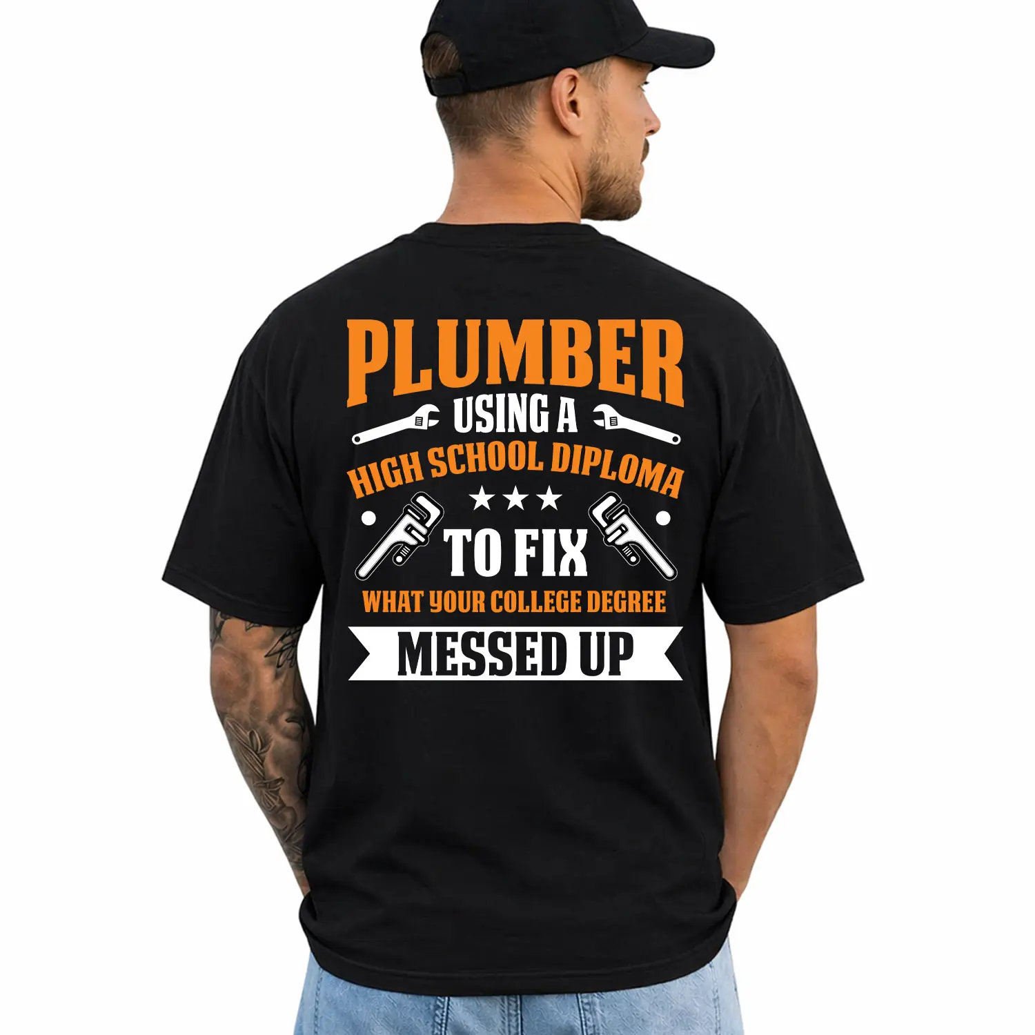 Blue Collar Plumbing Graphic Tee, Short Sleeve Printed Graphic Shirt, Daily Casual Cotton Menswear