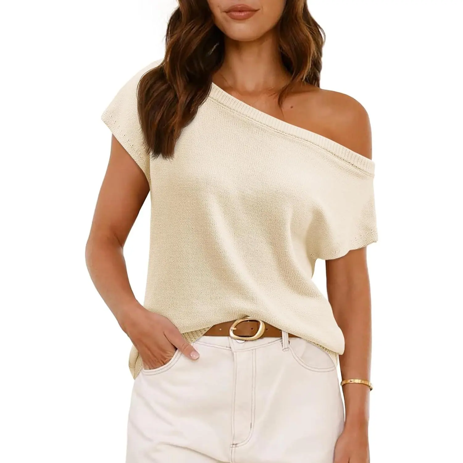 Saodimallsu Women's Off Shoulder Short Sleeve Knit Sweater Top Trendy One Shoulder Knitted Tank Top for Spring & Summer Outfits Soft Lightweight Knitwear Womenswear Knitting,back to school,back to school shopping