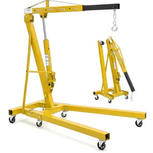 Yellow 2 Ton Folding Hydraulic Engine Hoist Cherry Picker, 4400 Lbs Capacity, Adjustable Telescoping Boom, Heavy Duty Shop Crane No Load Leveler & 6 Swivel Wheels, for Garage Workshop Warehouse Automotive