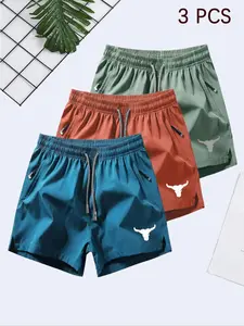 3-Pack Men's Summer Training Shorts, Cow Head Print, Quick-Dry Running Shorts, Fashionable with Zipper, Easy to Wear, Perfect for Summer Sports
