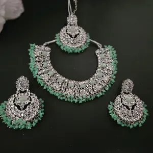 Beautiful Chocker Set with Earrings and Tika for Women - Green and Silver Color Jewelry Set