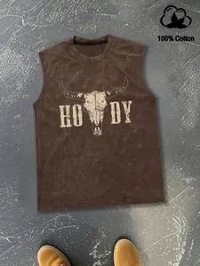 Men's Regular Fit Bull Head Print Graphic Tank Top, Casual Cowboy Style Sleeveless Top for Summer, Fashion Men's Clothes for Daily Wear, Socks