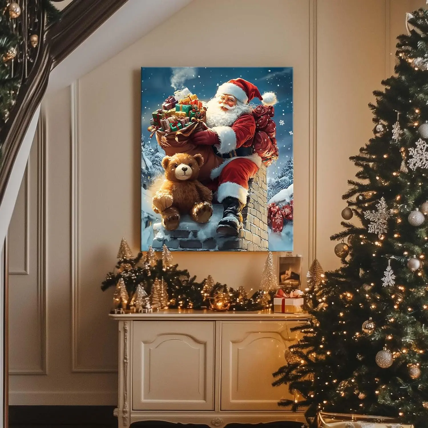 Magical Christmas Canvas Wall Decor Poster - Santa & Reindeer Festive Night Delivery Scene Print, Christmas Decorations for Living Room, Bedroom Home Supplies