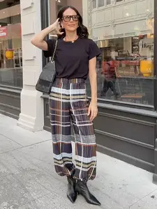 High Waist Plaid Wide Leg Pants, Bohemian Trousers, Deep Multi-Color Striped Waistband, Fashionable Retro Multifunctional Fall Winter Women's Bottoms