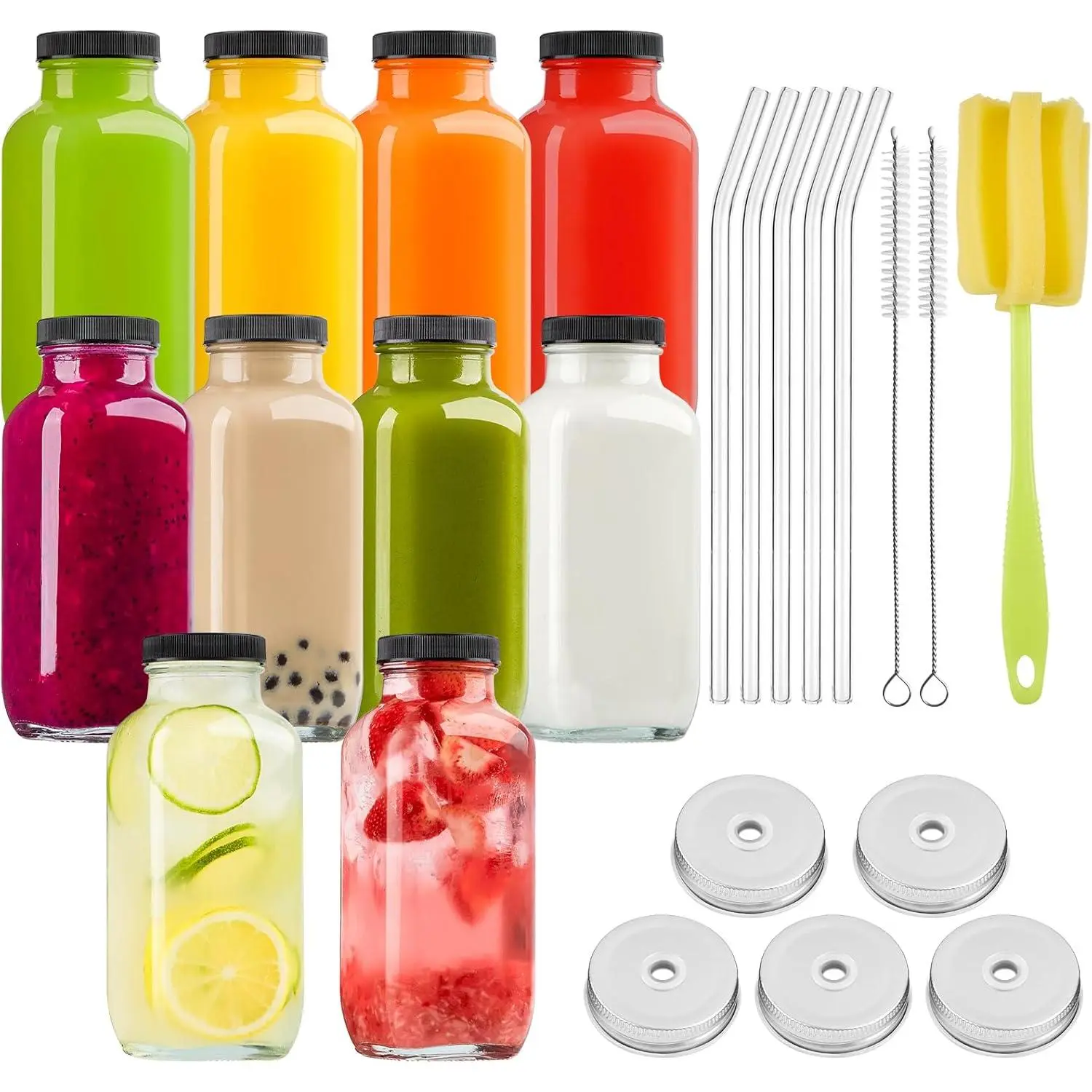 10 Pack 16oz Glass Juice Bottles with Lids, Reusable Juice Containers with Straws and Brush, Drinking Jars for Juicing, Smoothie, Kombucha