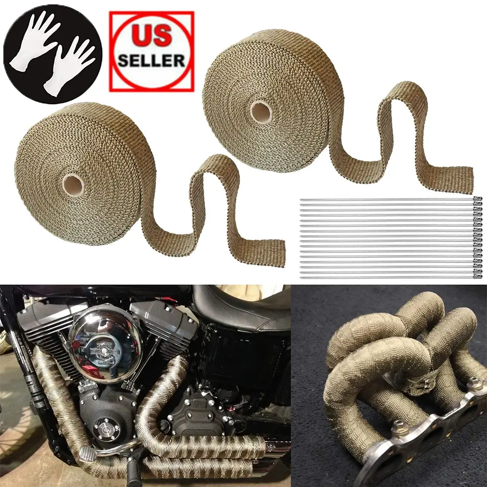 Exhaust Heat Wrap Roll 2" x 50' Titanium Fiberglass Heat Shield Tape 2 Rolls 5cm x 15m with 20pcs Stainless Ties and A Measure Tool for Motorcycle Car Truck
