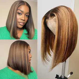 4/27 Ombre Highlight Bob Wig Human Hair 16 inch straight 427 bob wig 13x4 Highlight HD Lace Frontal Bob Wig Human Hair 200% Density Pre Plucked Ombre Short Bob Wigs for Black Women summerwins