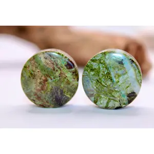 African Jade Stone Plugs - Durable Green and Red Gauge Pair with Natural Marbling, Healing Natural Crystal Earrings for Emotional Balance, Daily Wear Nature-Connected Jewelry Accessories