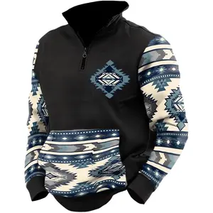Western Cowboy Men Aztec Hoodie Vintage Graphic Hoodies for Men Long Sleeve Half Zip Pullover Casual Menswear Sweaters Tops Underwear Human Khaki