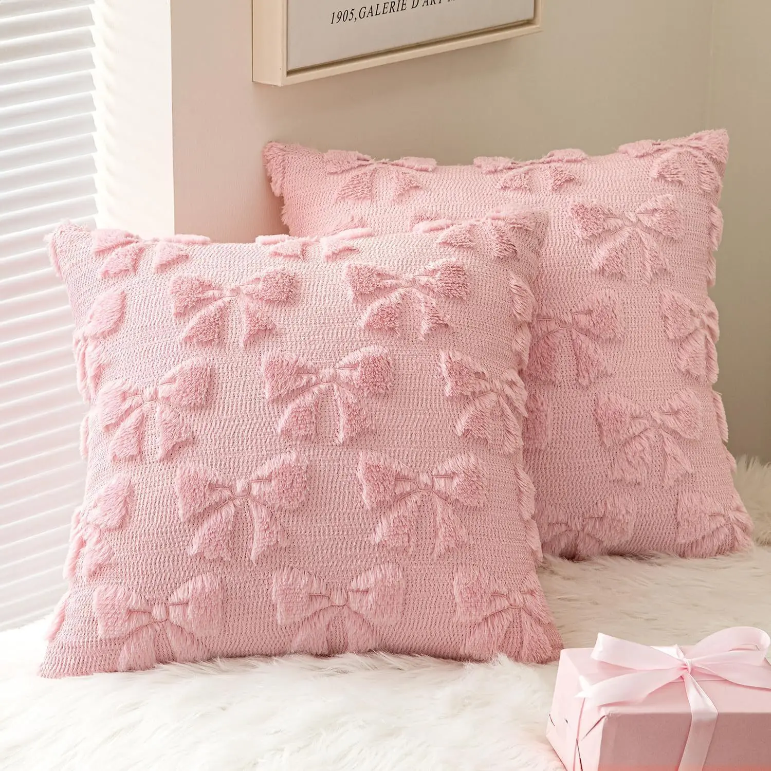 Set of 2 Aesthetic Pillow Covers 18x18 inch | Everyday Cozy Decor | Red Heart with Pink Bow Accents Soft Plush Faux Fur Jacquard Throw Pillows for Bedroom Sofa Home Decor