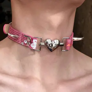 Pink Plaid Floral Faux Leather Choker, Clear Heart Lock & Silver Cone Spike Punk Y2K Neck Collar