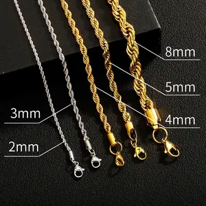Trendy Hip Hop Stainless Steel Braided Chain Necklace 2-8mm Thickened and Densified Color Retention Electroplated Twisted Rope Choker