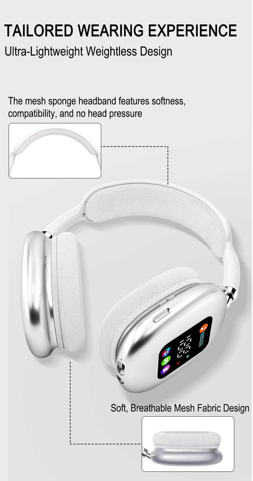 Wireless Bluetooth Headphones Over-Ear with RGB Display & Card Reader Function Deep Bass Hi-Fi Stereo Comfortable Fit Perfect Gift for Family Friends