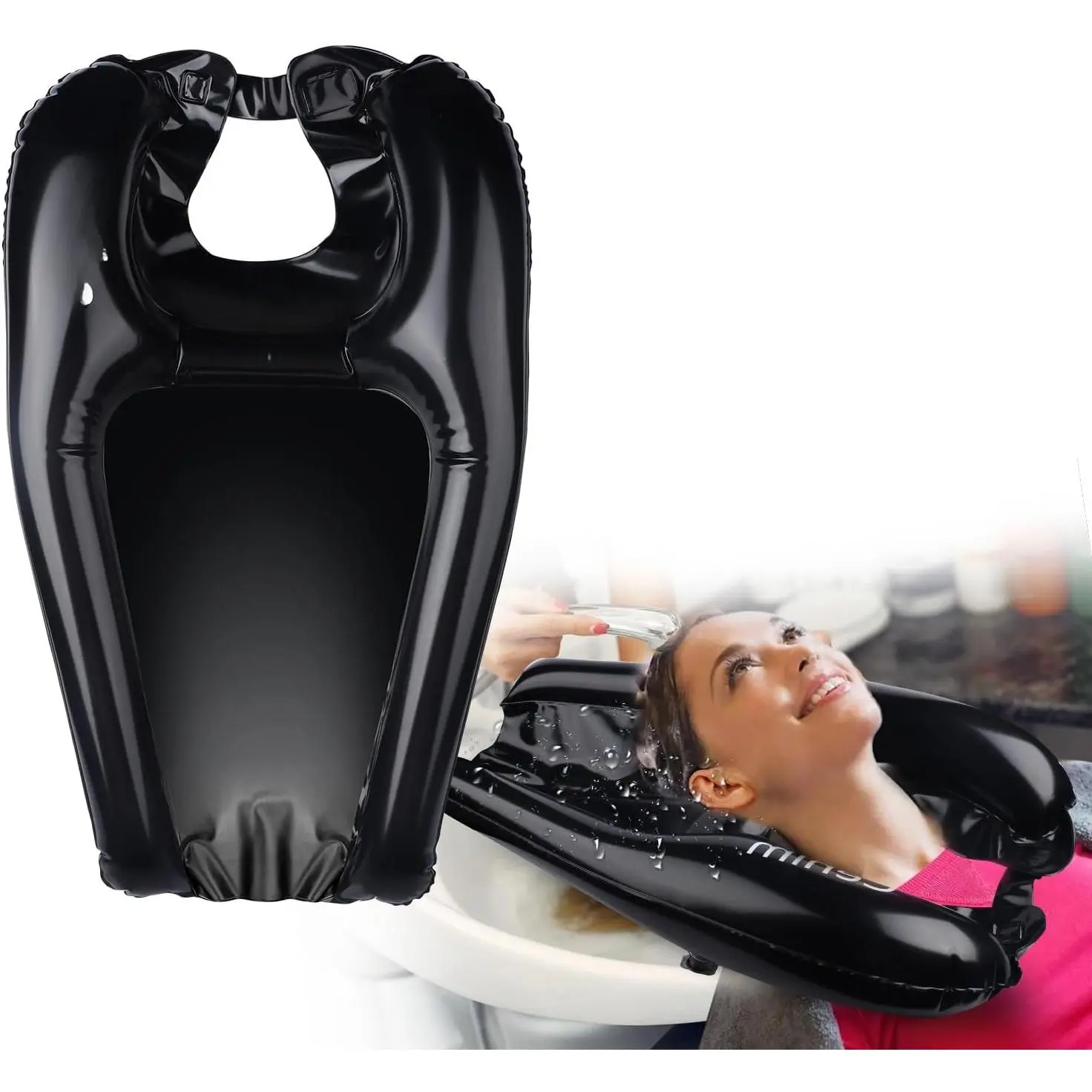 Sturdy Medium-Size Foldable Inflatable Shampoo Basin - Adjustable Portable Salon & Home Hair Washing Sink Bowl with Wheel, for Bedridden/Disabled/Injured Use, Dreadlocks-Friendly Salon Furniture (Black), Dreadslocks Use