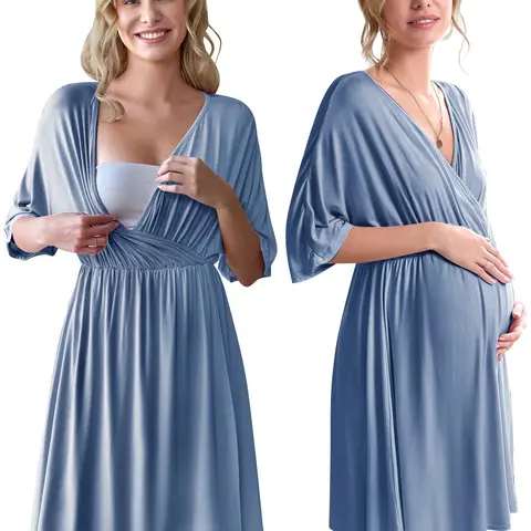 Ekouaer Women's 3-in-1 Pregnancy Maternity Nursing Gown - Short Sleeve V-Neck, Above-The-Knee Split Front Dress for Labor, Hospital Use