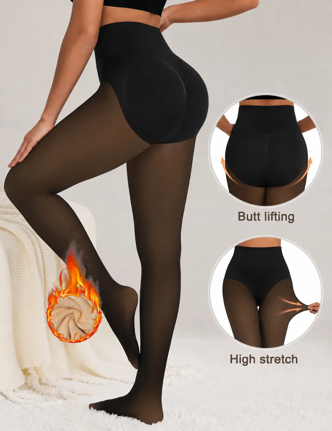 Tournesol High Waist Butt-Lifting Fleece Lined Sheer Tights – Thick & Warm, Light and Honey Shades Womenswear Size XS - XXL 025