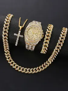 Men's Quartz Watch & Jewelry Set - Luxury Rhinestone-Encrusted Wristwatch, With Matching Bracelet and Necklace, Classic Male Fashion, Alloy Case & Strap, Electronic Drive, Non-rechargeable Button Battery Watch Set